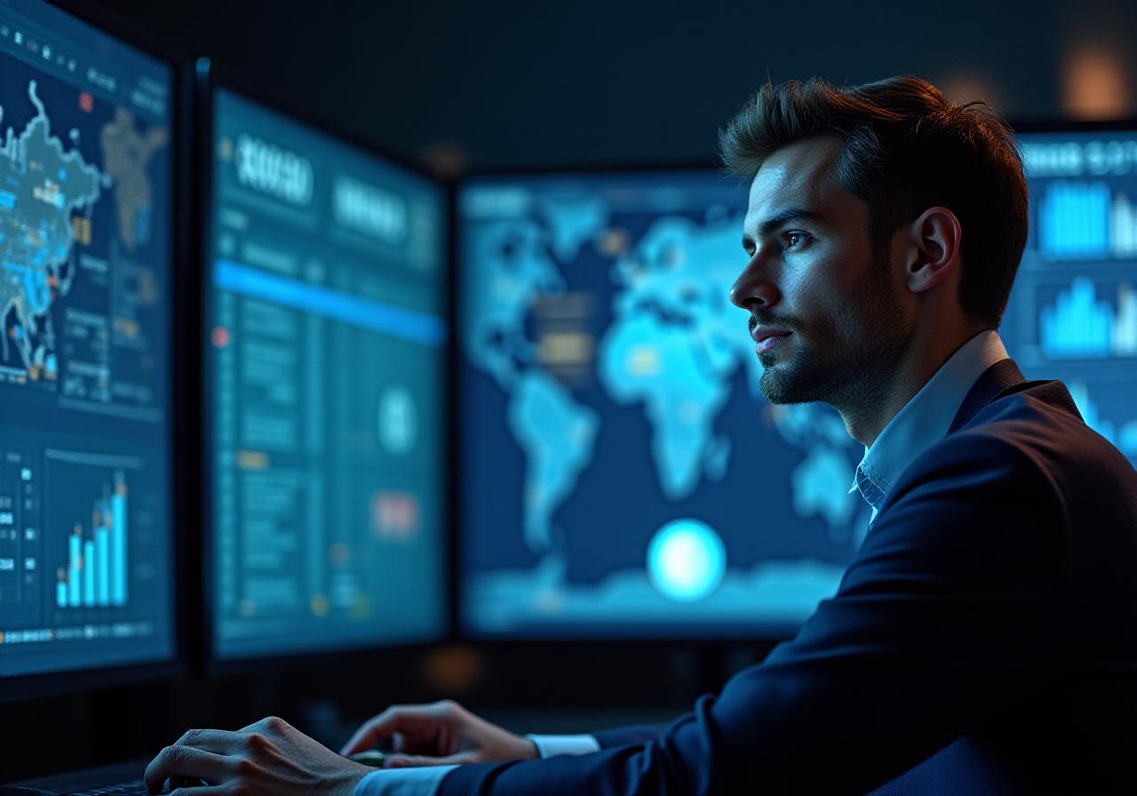 Logistics dispatcher coordinating freight movements on digital displays