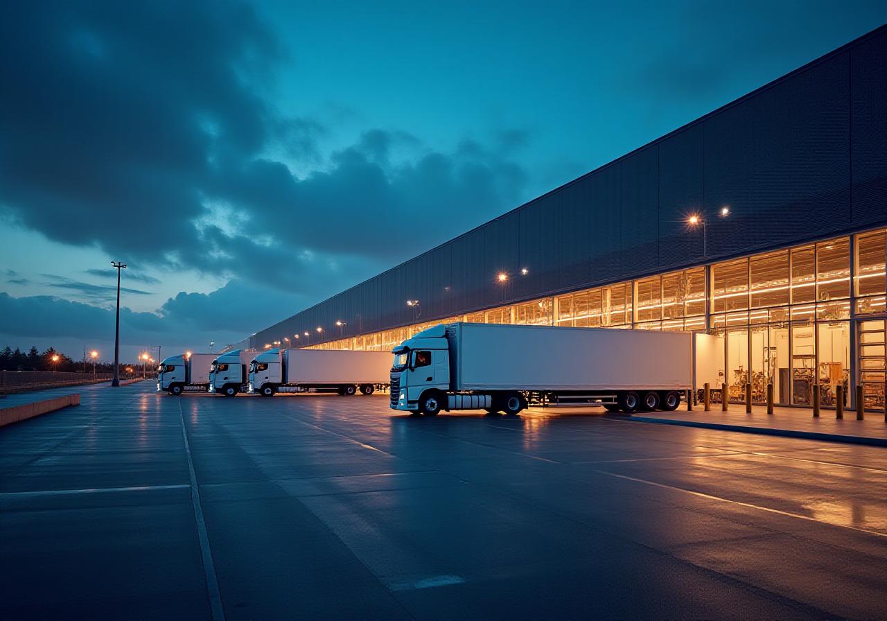 Global logistics hub with freight trucks and modern warehousing architecture
